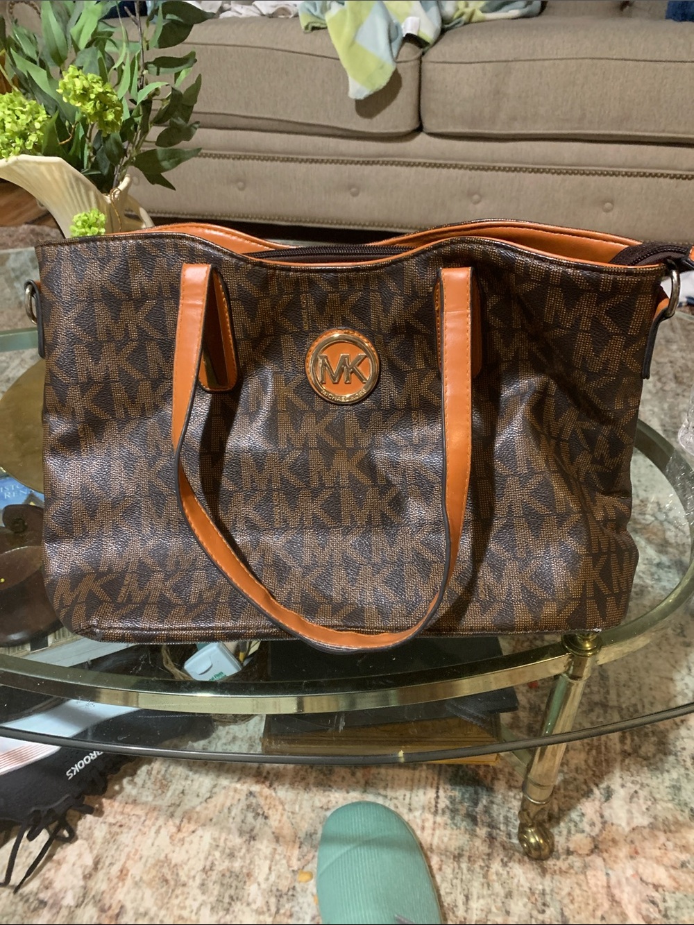 Michael Kors Brown MK Logo Tote with Tan Trim